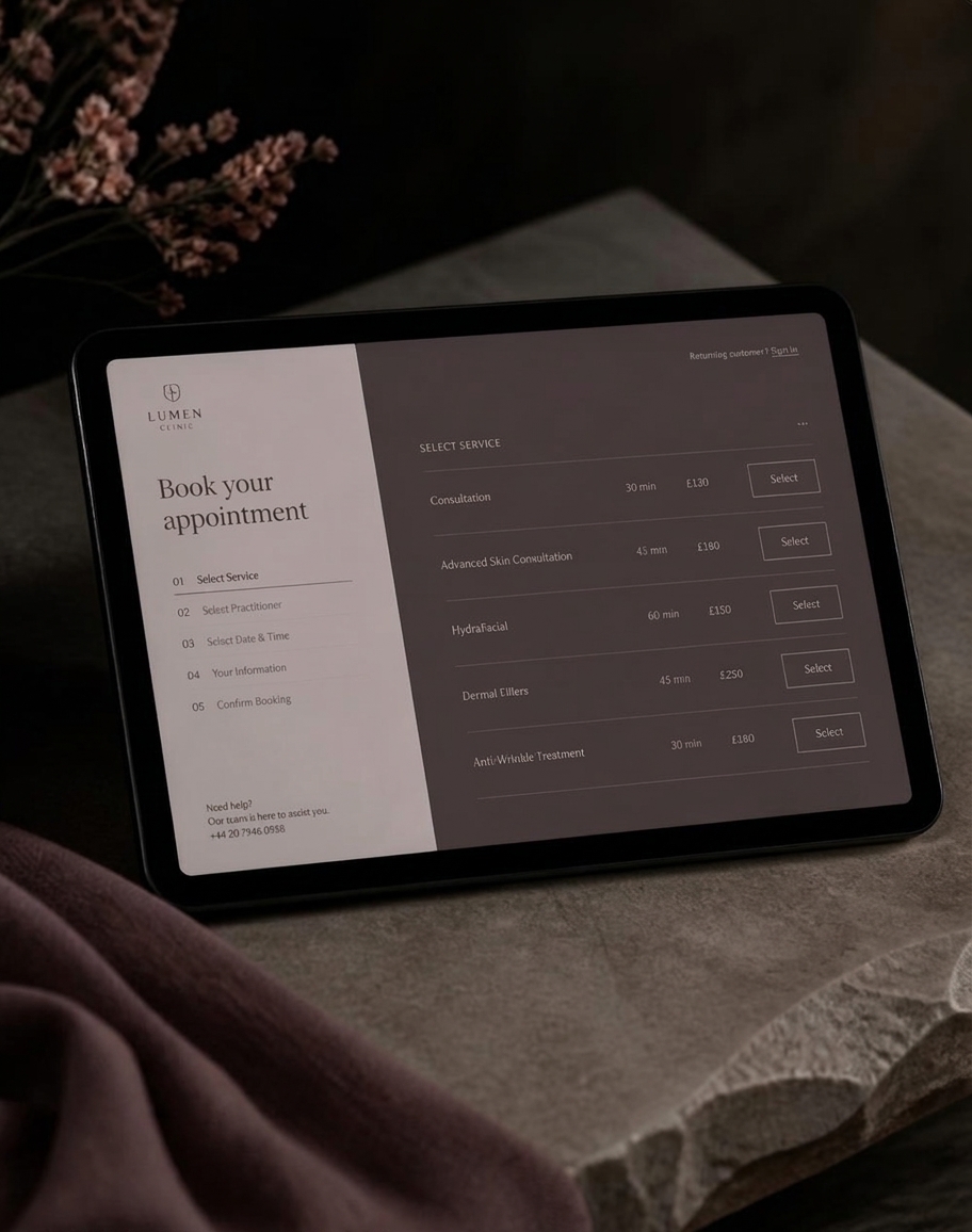 Lumen Clinic booking flow shown on a tablet